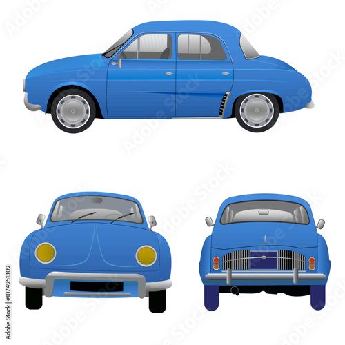Véhicule de collection, de couleur bleue, vue de dos, de face et profil sur fond blanc	