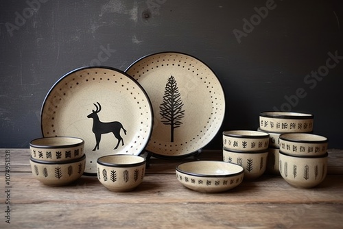 Dinnerware folk art Christmas deer porcelain. photo