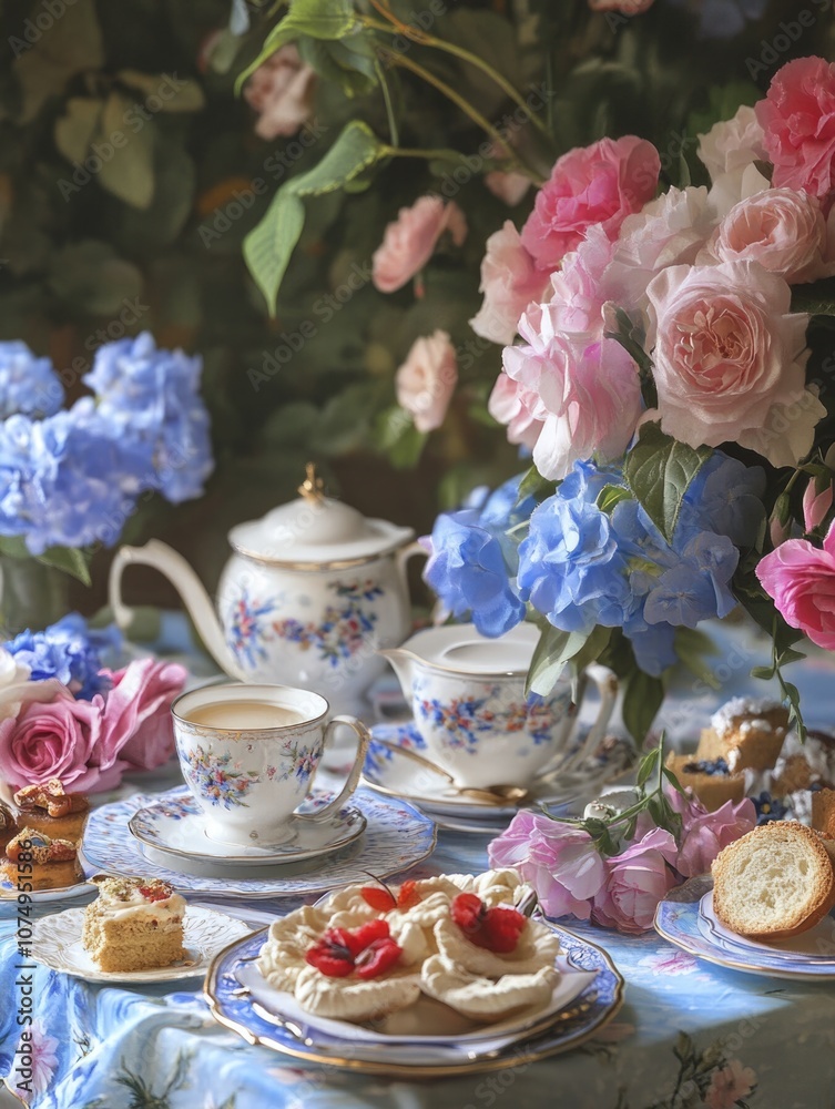 A beautifully arranged afternoon tea setup featuring delicate china, fresh pastries, and an abundance of pink and blue flowers. A beautifully arranged afternoon tea setup featuring delicate china, fresh pastries, and an abundance of pink and blue flowers.