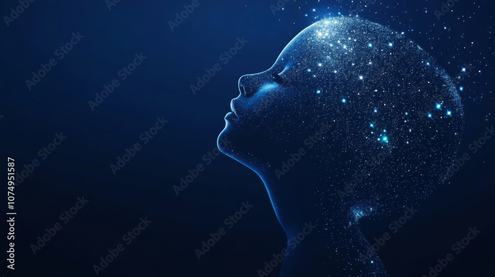 Child silhouette with stars in head, concept of imagination, dreams and universe, dark blue background Child silhouette with stars in head, concept of imagination, dreams and universe, dark blue background