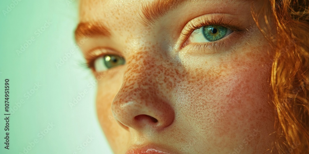 Close-up of woman's face with bright blue eyes, freckles, and light makeup. Close-up of woman's face with bright blue eyes, freckles, and light makeup.