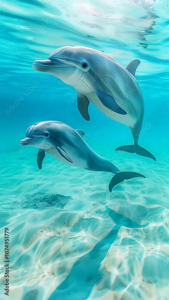 Obraz premium Underwater Dolphins Swimming Gracefully in Ocean