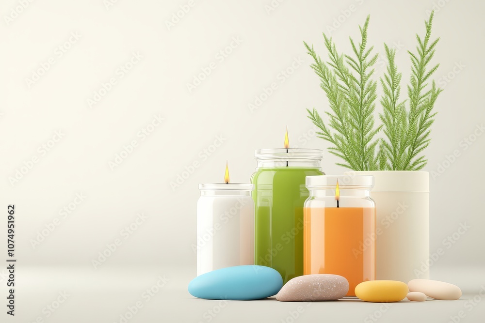 Scented Candles with Stones and Greenery. Scented Candles with Stones and Greenery.