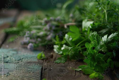 A variety of fresh herbs laid out on a wooden table