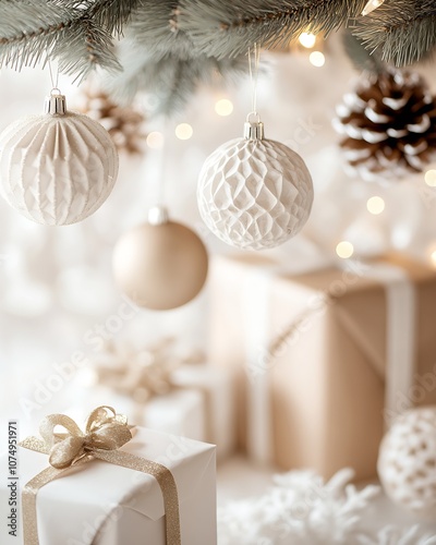 Elegant White Holiday Decor with Baubles and Gift Boxes Under Christmas Tree : Generative AI