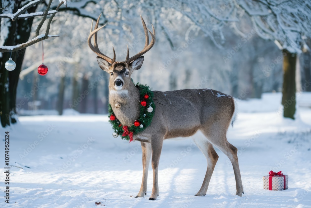 A deer in a snowy forest wearing a Christmas wreath and standing near a wrapped gift. A deer in a snowy forest wearing a Christmas wreath and standing near a wrapped gift.