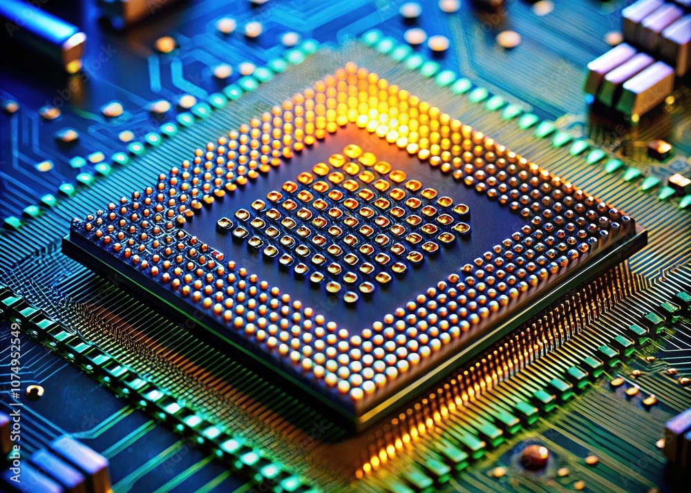Magnified view: CPU microchip's complex internal structure. Magnified view: CPU microchip's complex internal structure.