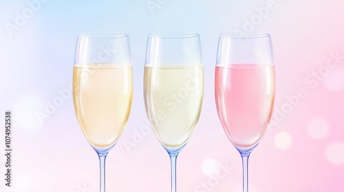 Three glasses of wine, one of which is pink