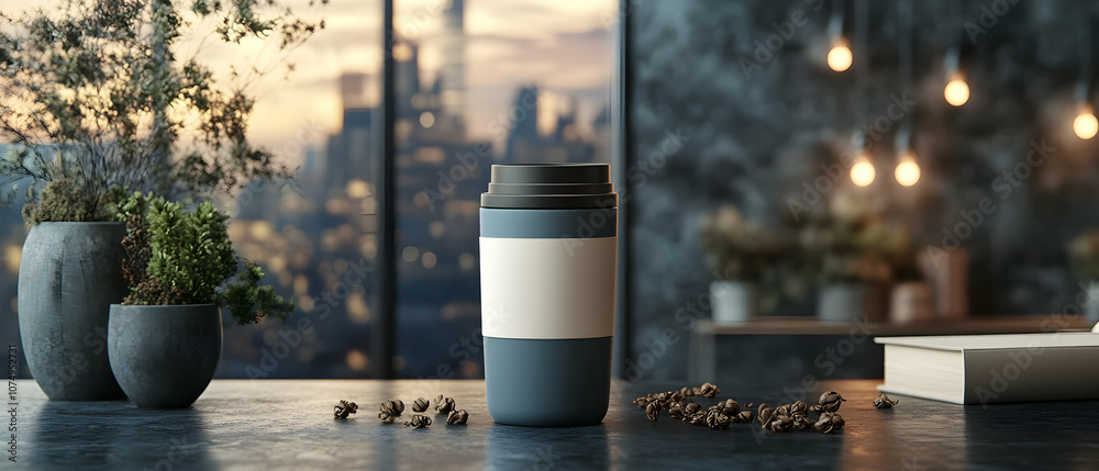 A cozy coffee scene featuring a stylish mug, coffee beans, and greenery in a chic urban setting.