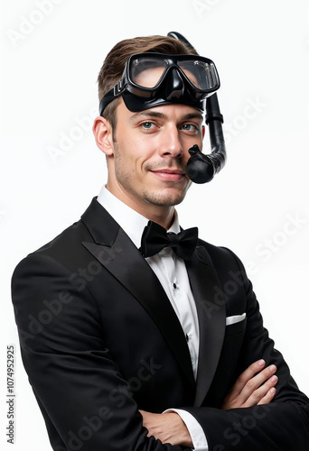 A businessman in a tuxedo with a snorkel, blending formality and fun for creative promotions.