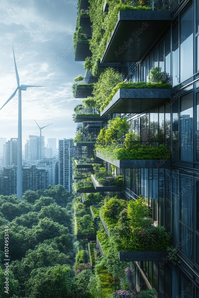 Vertical Urban Garden on Modern Skyscraper with Wind Turbines in Background Showcasing Sustainable Architecture and Green Living Vertical Urban Garden on Modern Skyscraper with Wind Turbines in Background Showcasing Sustainable Architecture and Green Living