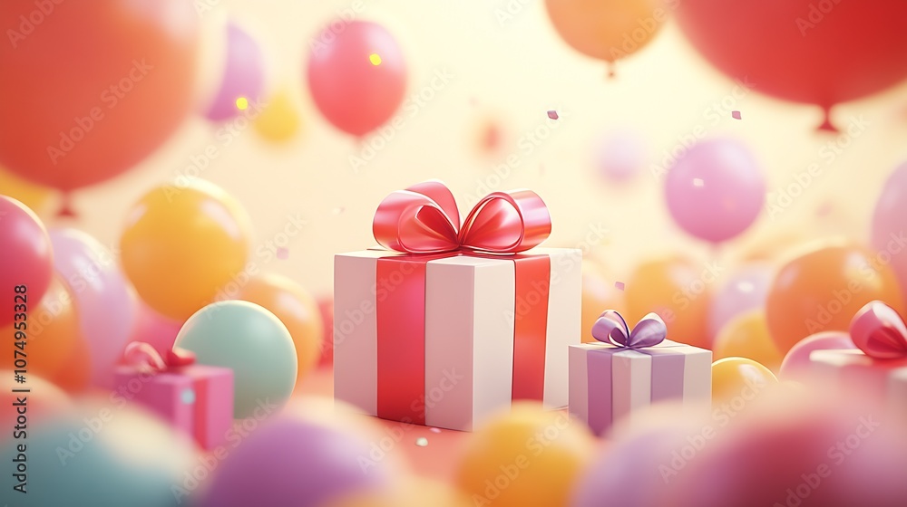 Colorful Gift Boxes with Bows Surrounded by Vibrant Balloons : Generative AI Colorful Gift Boxes with Bows Surrounded by Vibrant Balloons : Generative AI