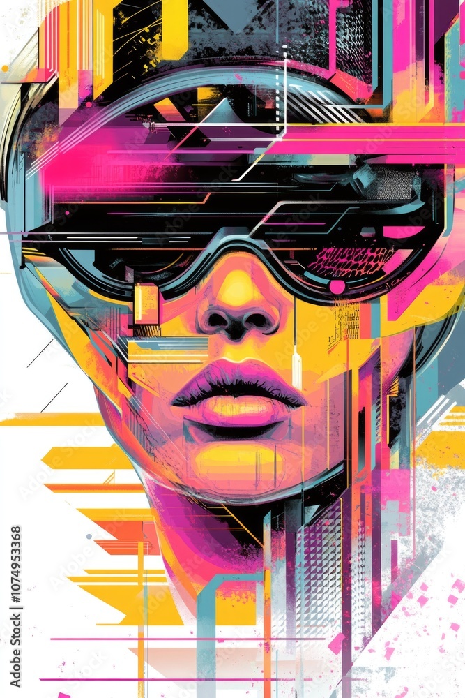 Woman's face is painted in bright colors and has a futuristic look. The image is abstract and has a sense of movement Woman's face is painted in bright colors and has a futuristic look. The image is abstract and has a sense of movement