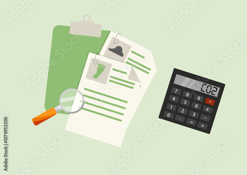Calculating carbon footprint with Clipboard and Calculator. Direct Emissions. Collect Activity Data. Calculate Total Emissions. Vector illustration. Carbon footprint 