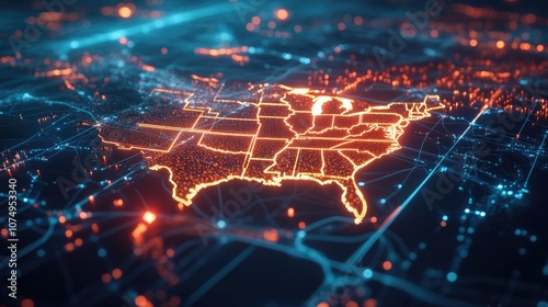 Illustration of digital circuit board with a glowing US map in the center, symbolizing technological advancements in America.