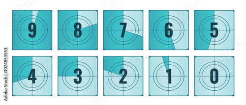 Countdown frames set. Old movie timer counter. Retro cinema countdown backgrounds. Vector illustration