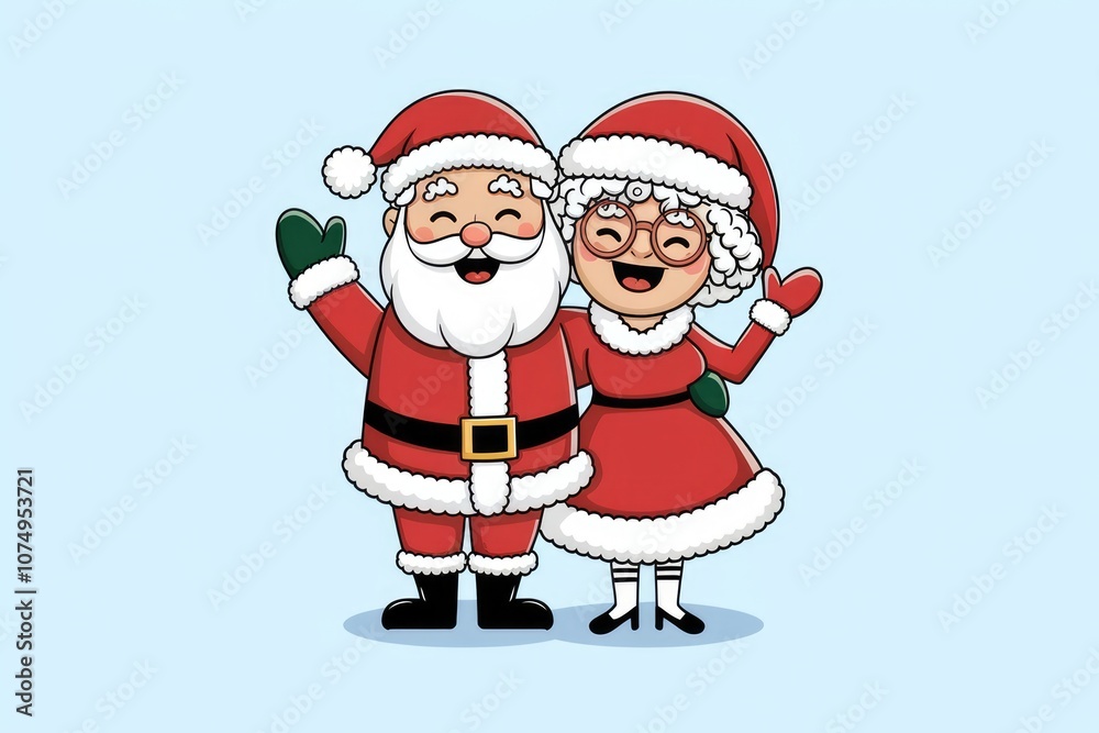 Santa Claus and Mrs. Claus are smiling and waving. Santa Claus and Mrs. Claus are smiling and waving.