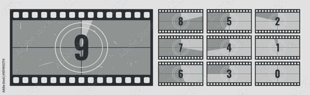 Countdown frames set. Old movie timer counter in filmstrip frame. Retro cinema countdown backgrounds with grunge texture. Vector illustration Countdown frames set. Old movie timer counter in filmstrip frame. Retro cinema countdown backgrounds with grunge texture. Vector illustration