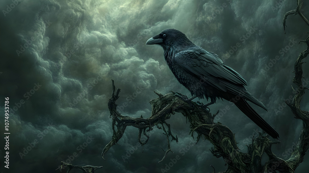 Fototapeta premium A dark raven perched on a twisted branch under a stormy sky, evoking a sense of mystery and foreboding.