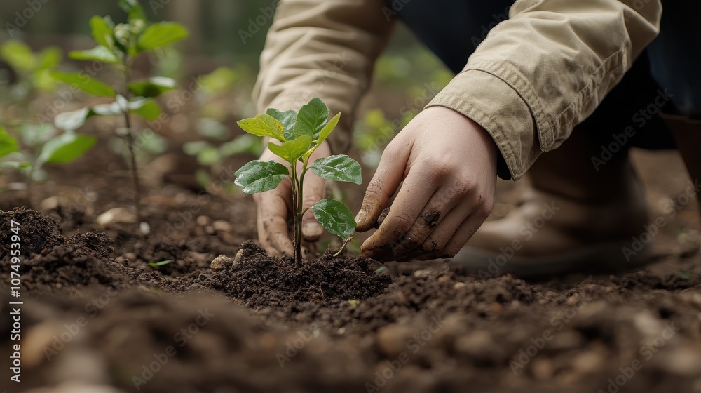 Hands Planting a Young Seedling in Fertile Soil, Symbolizing Growth and Environmental Conservation in a Natural Setting Hands Planting a Young Seedling in Fertile Soil, Symbolizing Growth and Environmental Conservation in a Natural Setting