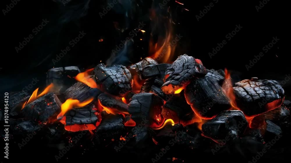 Glowing Charcoal and Ember Close-Up with Flames in Dark Background, Capturing the Intense Heat and Natural Beauty of a Traditional Fire Pit or Barbecue Setting