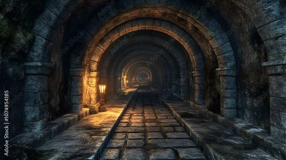 A dimly lit stone tunnel with arches, showcasing an ancient architectural style and a mysterious atmosphere. A dimly lit stone tunnel with arches, showcasing an ancient architectural style and a mysterious atmosphere.