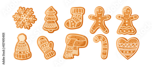 Gingerbread Cookie Set. Collection of Festive Gingerbread Treats Featuring Various Shapes, Icing Designs, Holiday Themes for Celebrating Christmas, Baking, Sweet Seasonal Decor. Winter Holiday symbol.