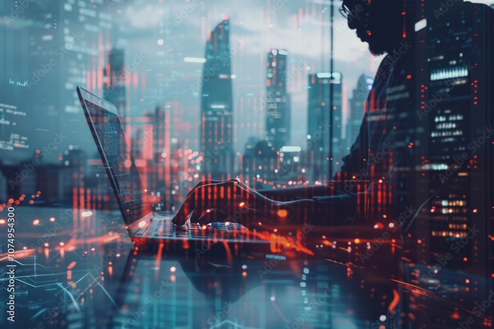 Businessperson with digital overload in urban tech environment. Businessperson with digital overload in urban tech environment.