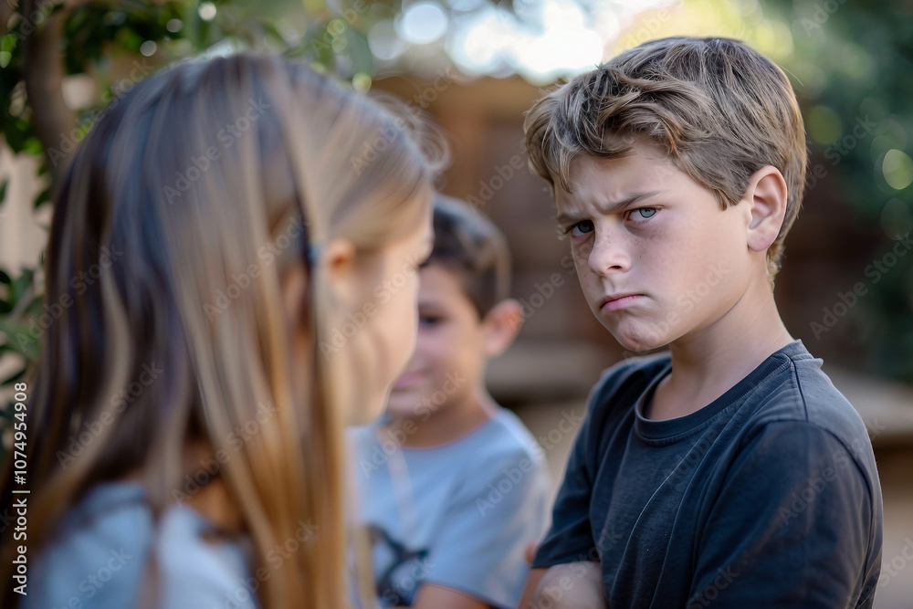 Intense close-up of a young sad frightened boy girl facing bullying at school, surrounded by peers, Generative AI Intense close-up of a young sad frightened boy girl facing bullying at school, surrounded by peers, Generative AI