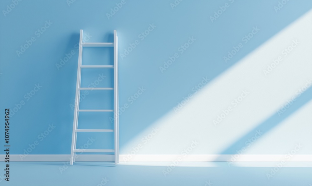 Ladder against blue wall, soft shadows, minimalistic design Ladder against blue wall, soft shadows, minimalistic design