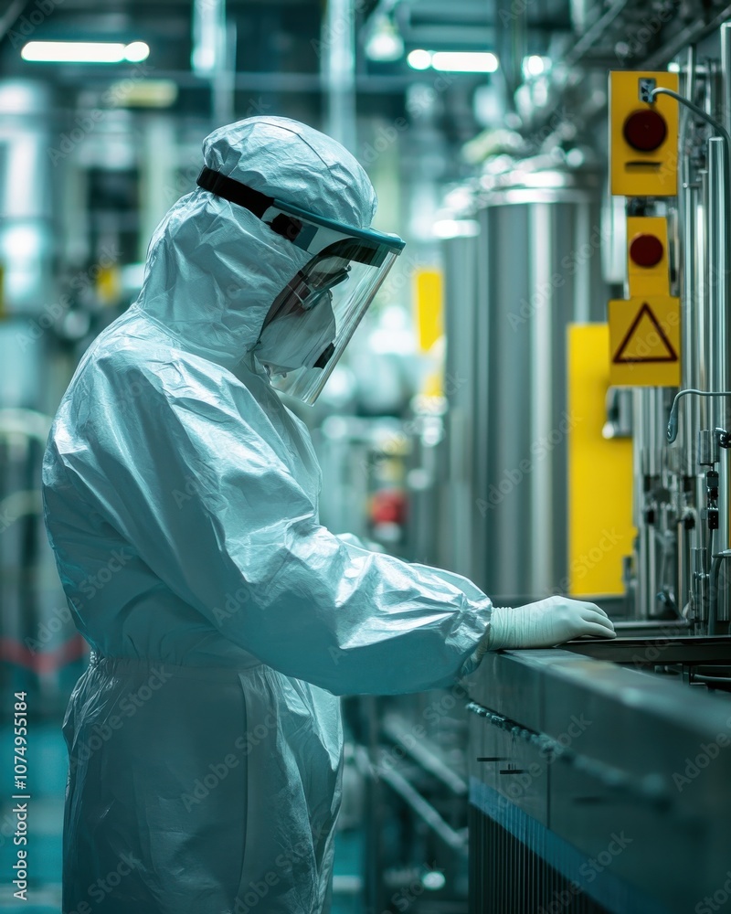 Worker in full protective gear monitors equipment in a laboratory during daytime operations focused on safety and cleanliness Worker in full protective gear monitors equipment in a laboratory during daytime operations focused on safety and cleanliness