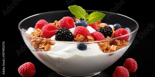 Colorful assortment of berries, granola, yogurt and mint leaves. Delicious and nutritious snack or dessert.