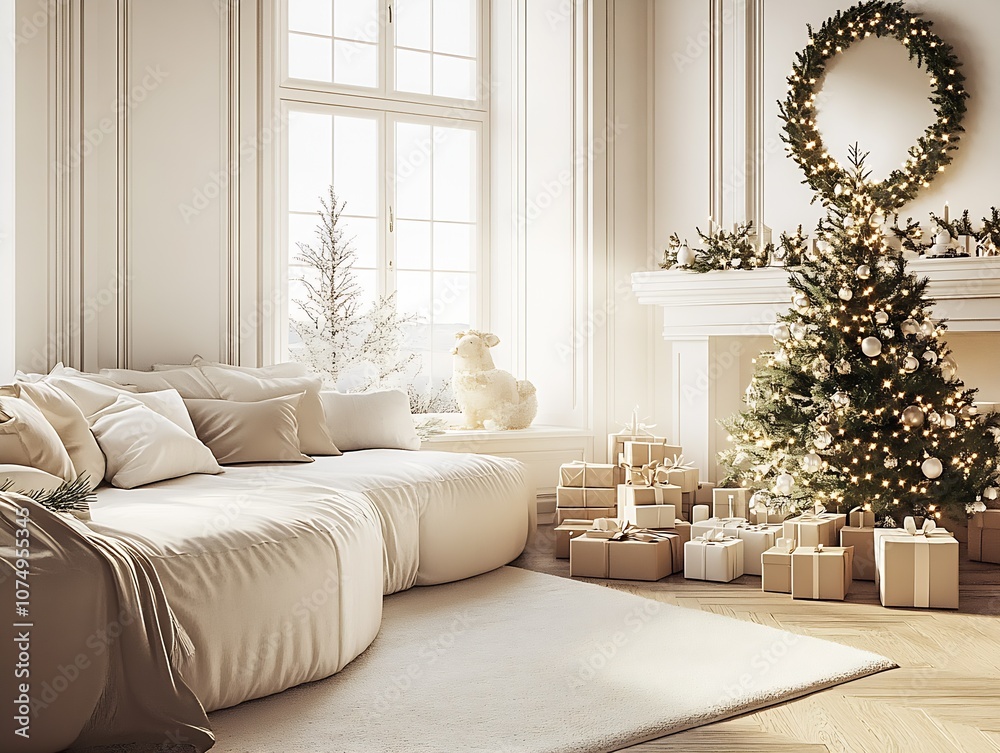 Fototapeta premium Bright and Cozy Christmas Living Room with Sofa and Tree in Soft Natural Light : Generative AI