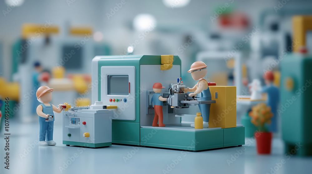 Fototapeta premium Miniature factory scene with workers operating machinery and equipment, showcasing vibrant and detailed industrial environment