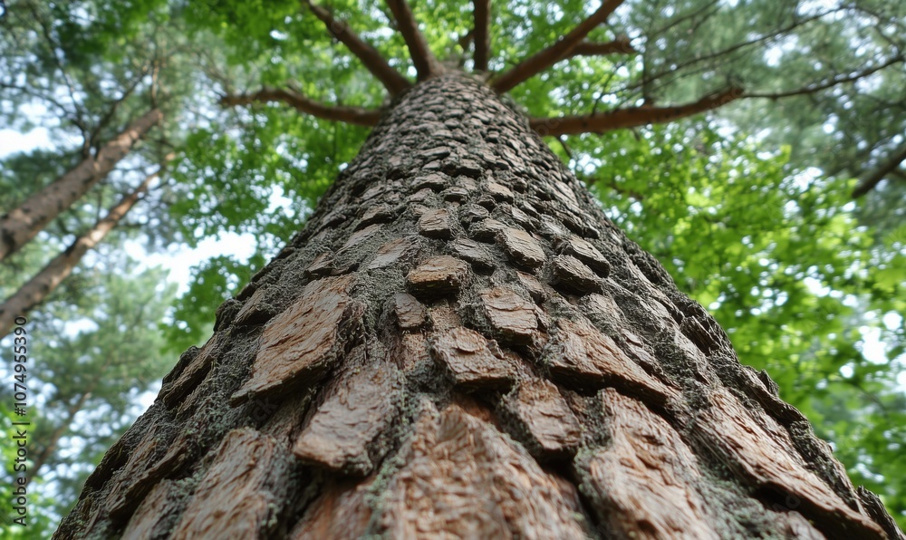 Tree trunk close-up showcasing textured bark and green foliage Tree trunk close-up showcasing textured bark and green foliage