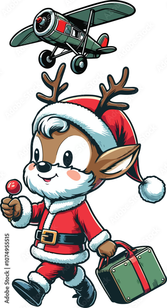 a little reindeer in a Santa costume, carrying a toy plane a little reindeer in a Santa costume, carrying a toy plane