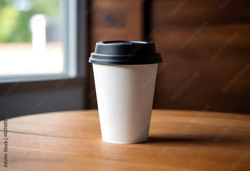 A white mockup disposable coffee cup with a black lid on a wooden table A white mockup disposable coffee cup with a black lid on a wooden table