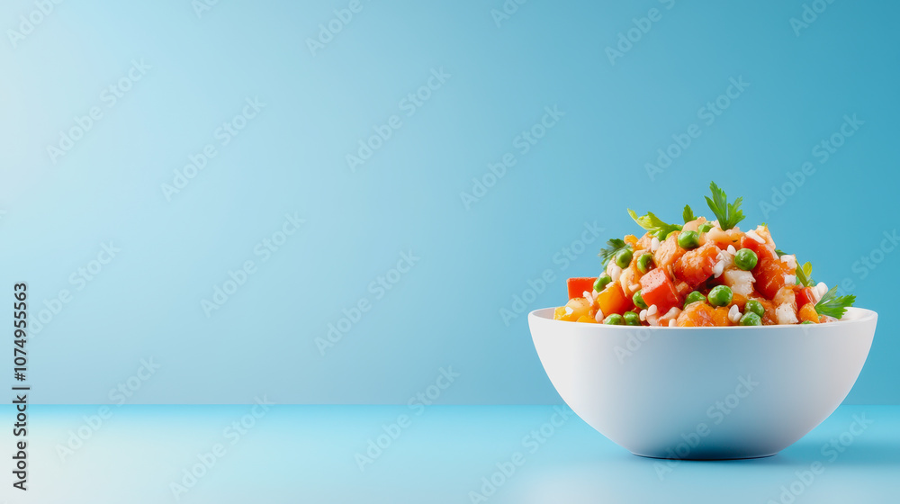 Colorful Home-Cooked Dish in a White Bowl Served on a Smooth Gradient Background, Perfect for Culinary, Recipe, and Food Photography Use Colorful Home-Cooked Dish in a White Bowl Served on a Smooth Gradient Background, Perfect for Culinary, Recipe, and Food Photography Use
