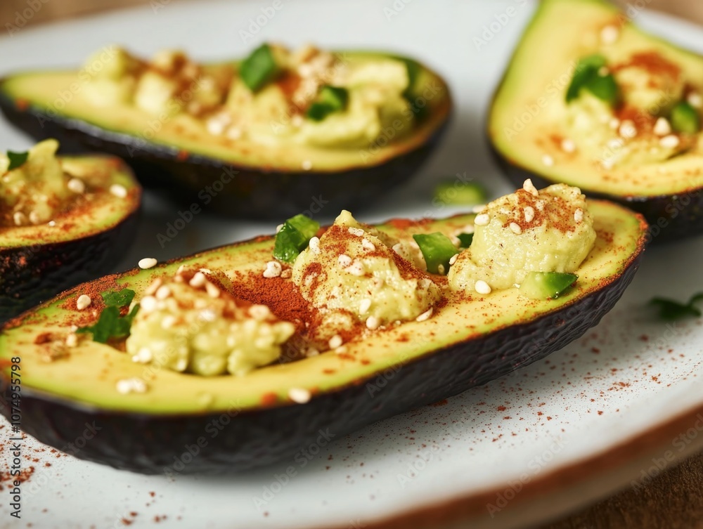 Avocado halves with guacamole and seasonings for a healthy, tasty snack. Perfect for vegetarians. Avocado halves with guacamole and seasonings for a healthy, tasty snack. Perfect for vegetarians.