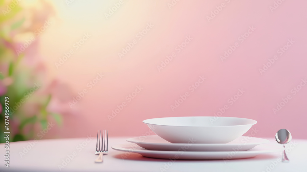 Elegant Dinner Setting on Smooth Gradient Background Featuring White Plates, Silver Cutlery, and Soft Floral Accents for a Sophisticated Dining Experience