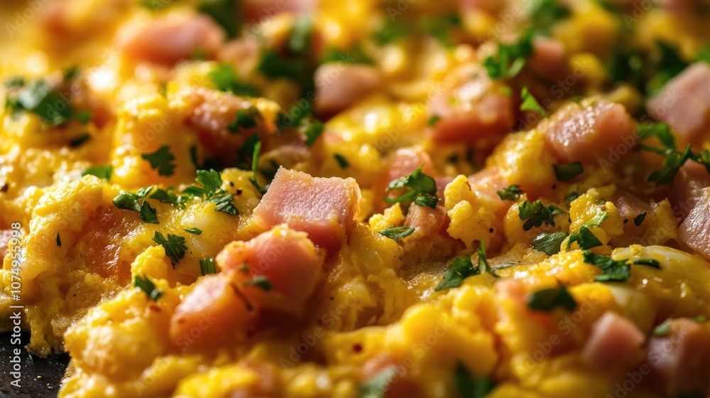 Plate of food with ham and parsley on top. The parsley is scattered throughout the dish, adding a pop of color and freshness. The ham is also spread out, making for a hearty and satisfying meal