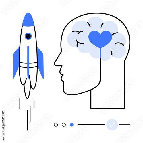 Rocket taking off next to a brain with a heart in it, symbols below. Ideal for personal development, mindset, innovation, creativity, emotional intelligence, mental health, and technology themes