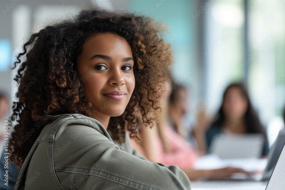 Female student with natural curls smiling at camera, seated in front of laptops with classmates working in background.