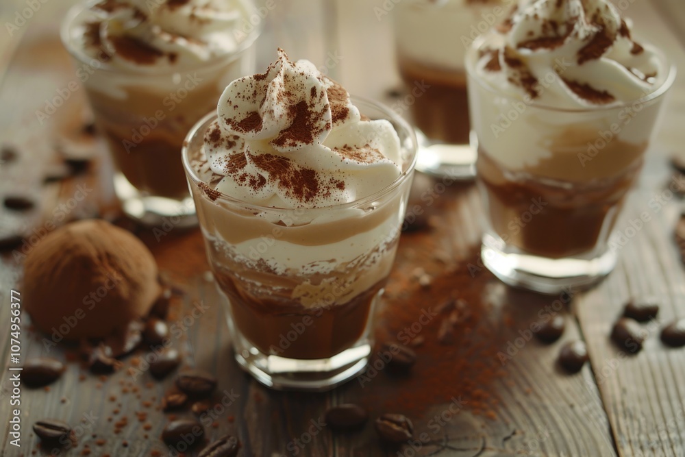 Four glasses of chocolate ice cream with whipped cream and crushed chocolate on top. Four glasses of chocolate ice cream with whipped cream and crushed chocolate on top.