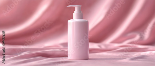 A minimalist pink skincare bottle on soft pink fabric, perfect for beauty and wellness branding. photo