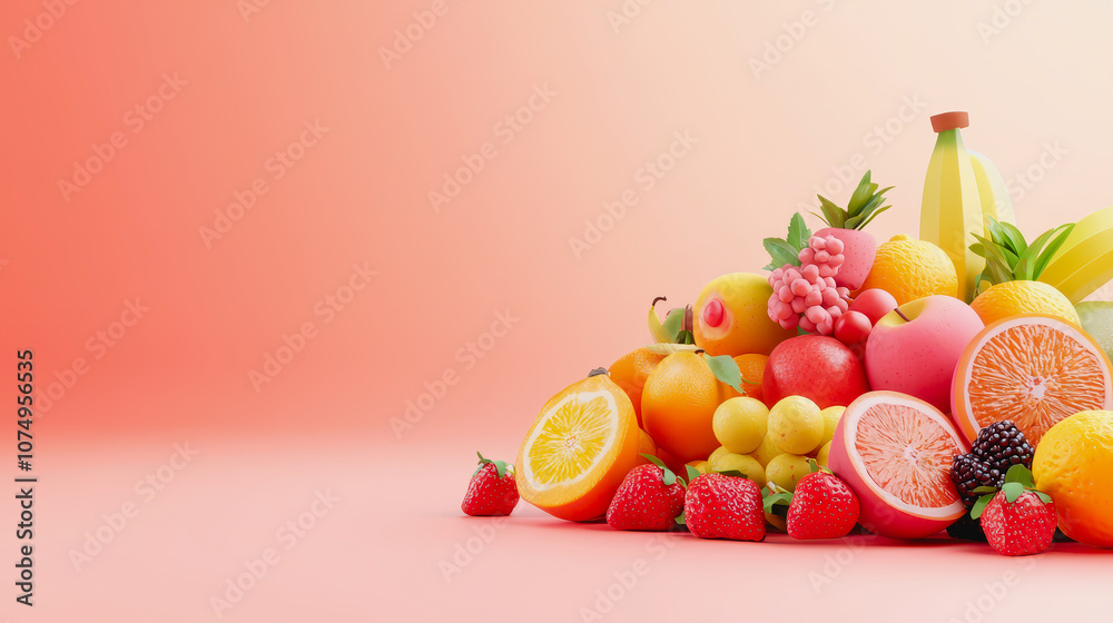 Vibrant Assortment of Fresh Fruits Displayed on a Smooth Gradient Background, Featuring Strawberries, Oranges, Bananas, and More in Eye-Catching Arrangement Vibrant Assortment of Fresh Fruits Displayed on a Smooth Gradient Background, Featuring Strawberries, Oranges, Bananas, and More in Eye-Catching Arrangement