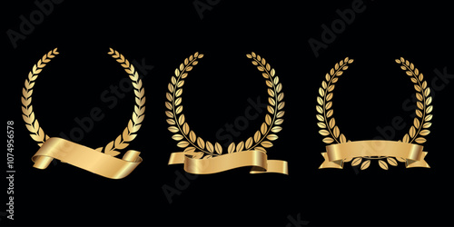 Set of golden laurel wreaths with ribbon. Vector on black background