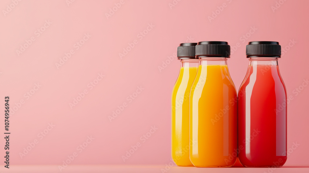 Three Bottles of Fresh Fruit Juices on a Smooth Gradient Background for Healthy Living and Refreshing Beverage Concepts Three Bottles of Fresh Fruit Juices on a Smooth Gradient Background for Healthy Living and Refreshing Beverage Concepts