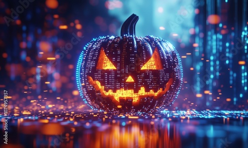 Wallpaper Mural Glowing Halloween pumpkin with digital effects, vibrant colors, spooky atmosphere Torontodigital.ca