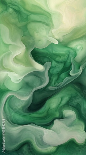 A green and white abstract painting with a lot of swirls and curves